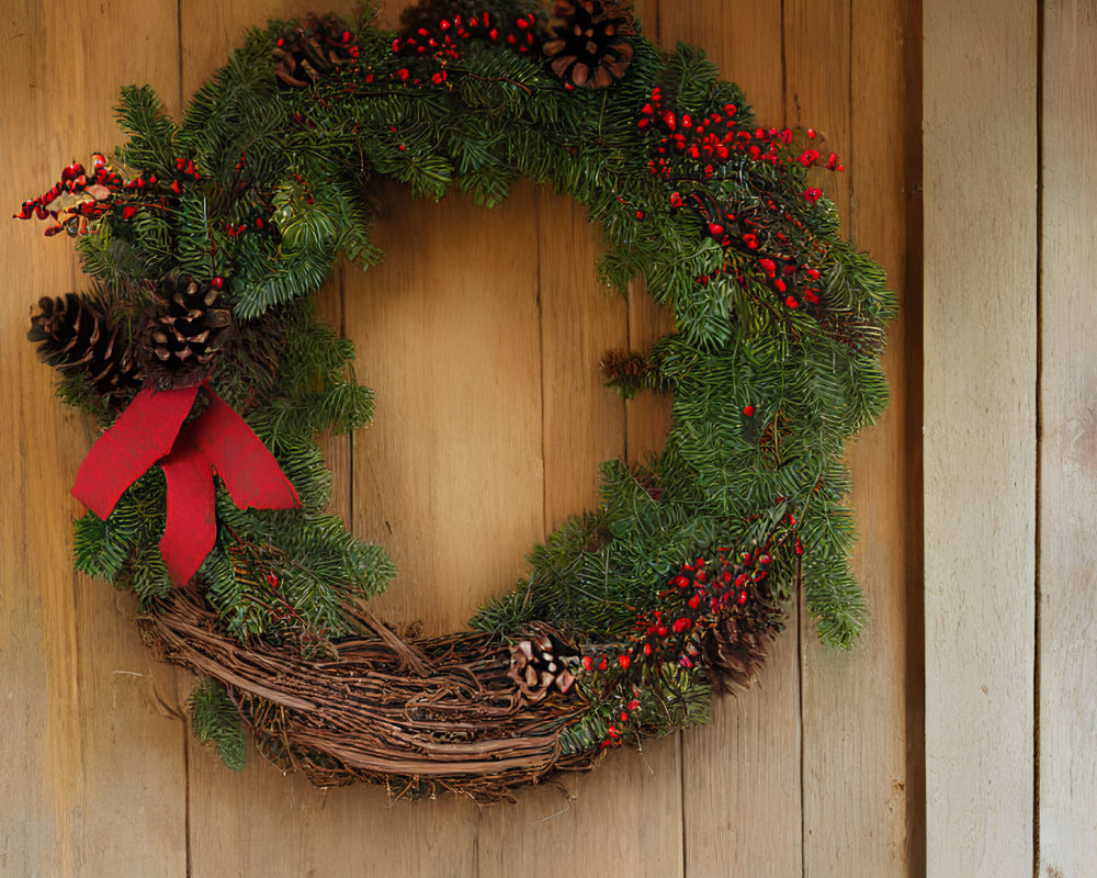 Festive Christmas wreath with pine cones, red berries, and bow on wooden door