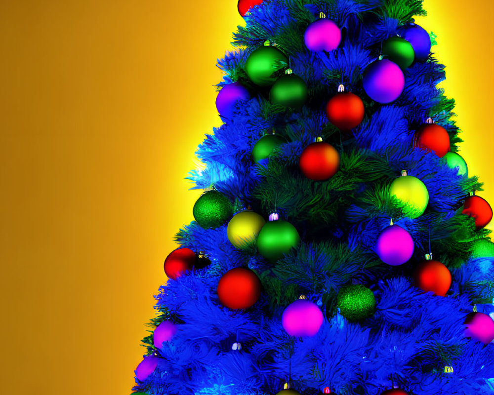 Colorful Christmas tree with baubles and gifts on orange backdrop
