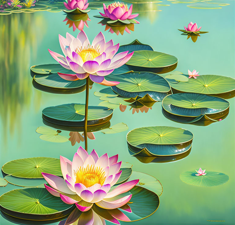 Tranquil pond with pink lotus flowers and green lily pads