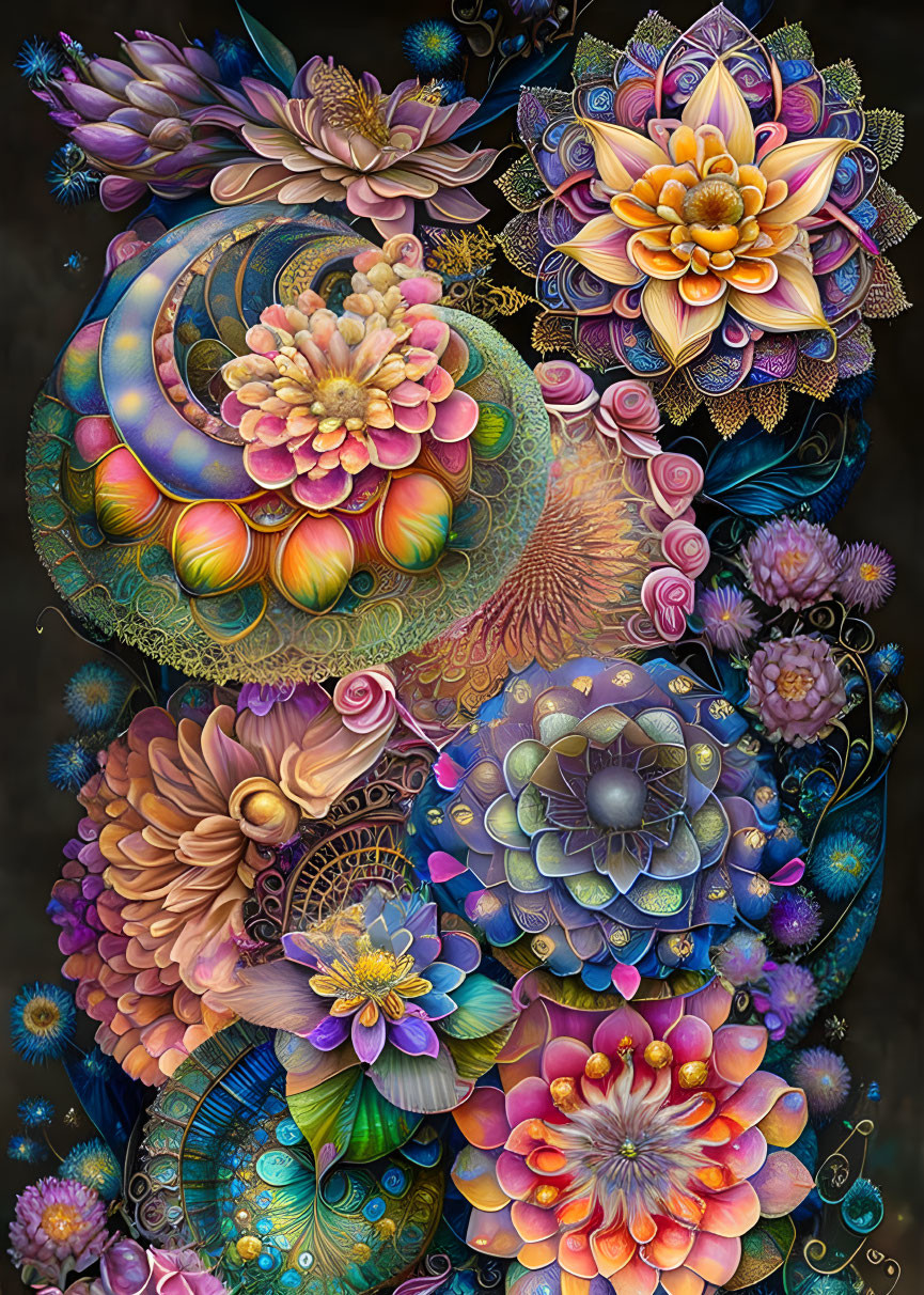 Colorful digital art: intricate flowers & geometric shapes with fantasy vibe