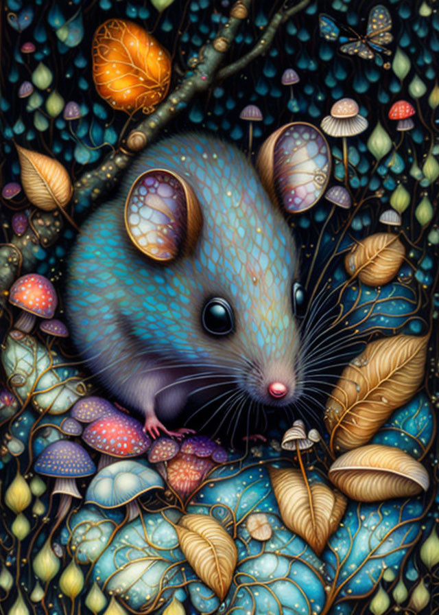 Detailed illustration of blue mouse with intricate fur patterns, colorful mushrooms, leaves, and butterfly