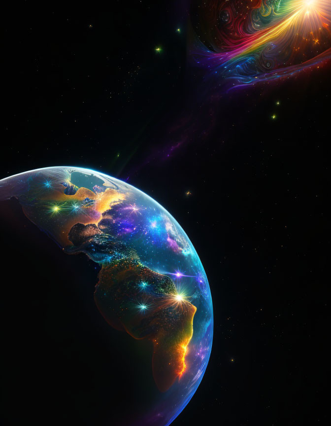 Colorful Earth from space with nebula-like patterns & lights