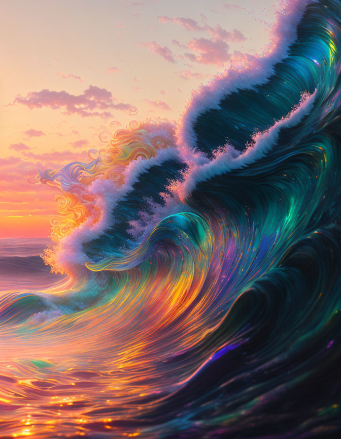 Colorful Digital Artwork: Curling Ocean Wave with Iridescent Sunset Sky