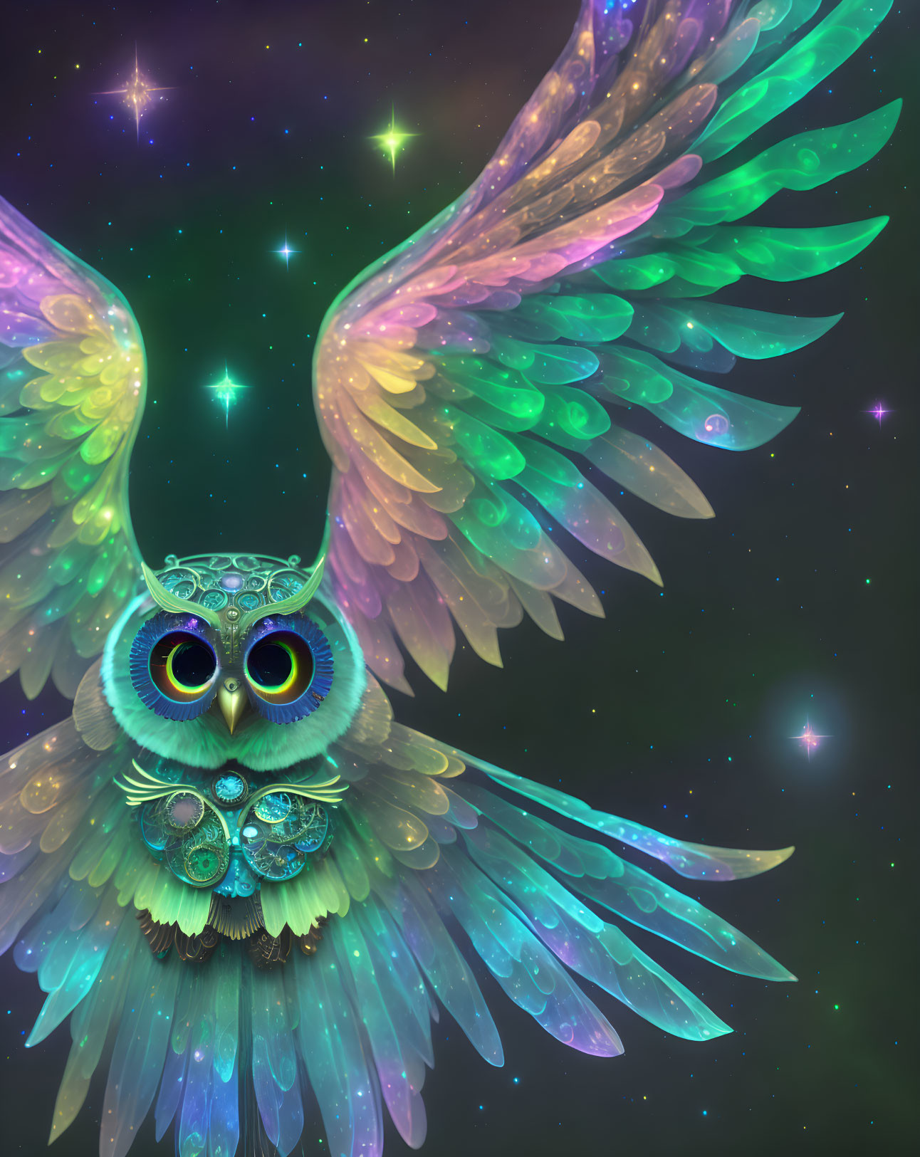 Vibrant cosmic owl with iridescent wings in starry galaxy setting
