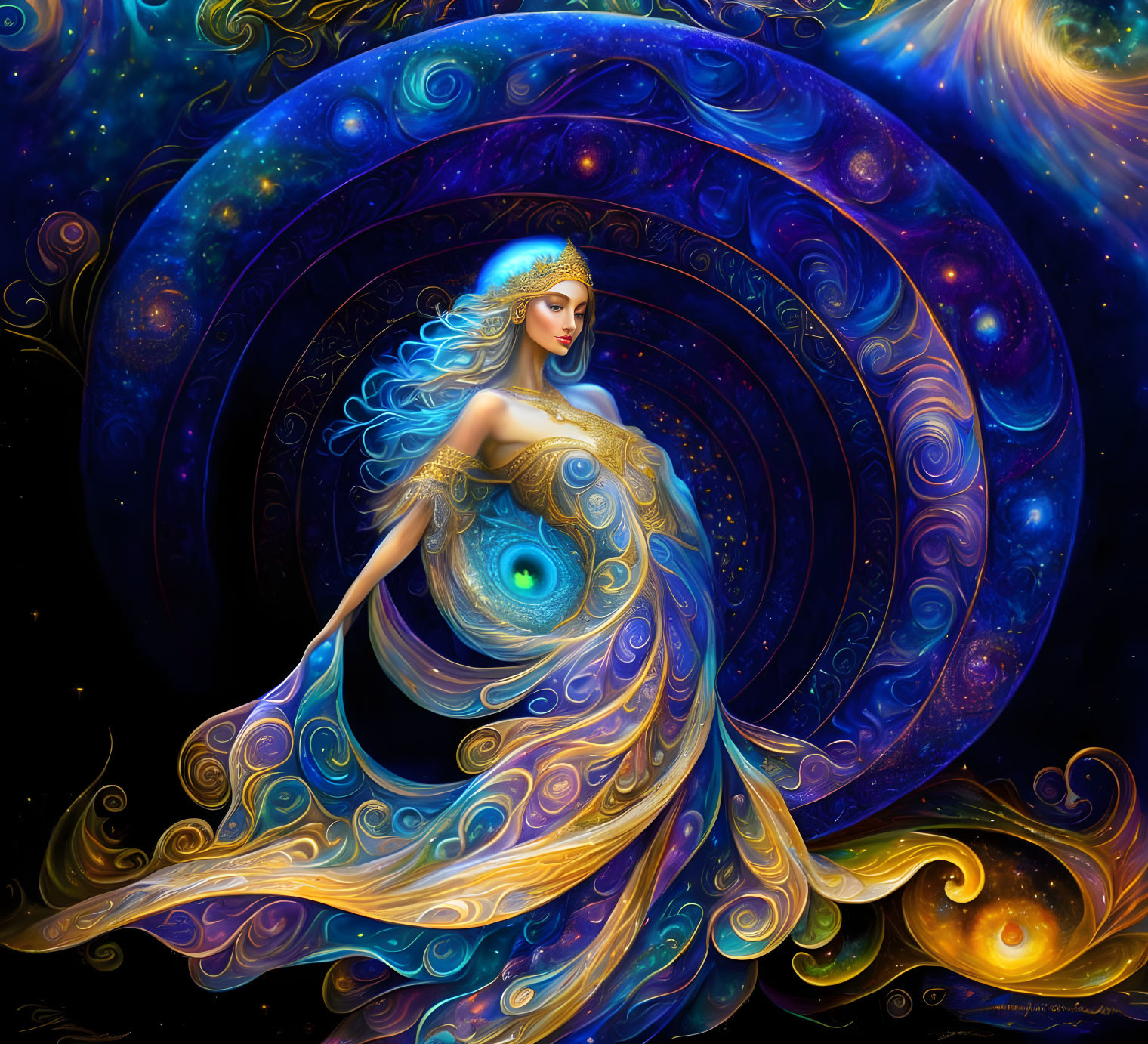 Mystical woman with blue hair in galaxy-themed dress on cosmic background