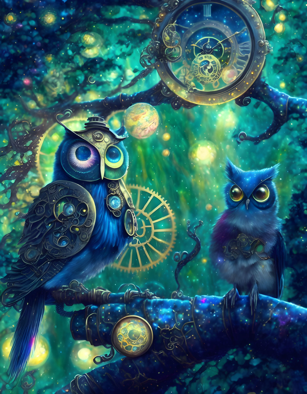 Steampunk-style mechanical owl next to a natural owl on tree in mystical starry background.