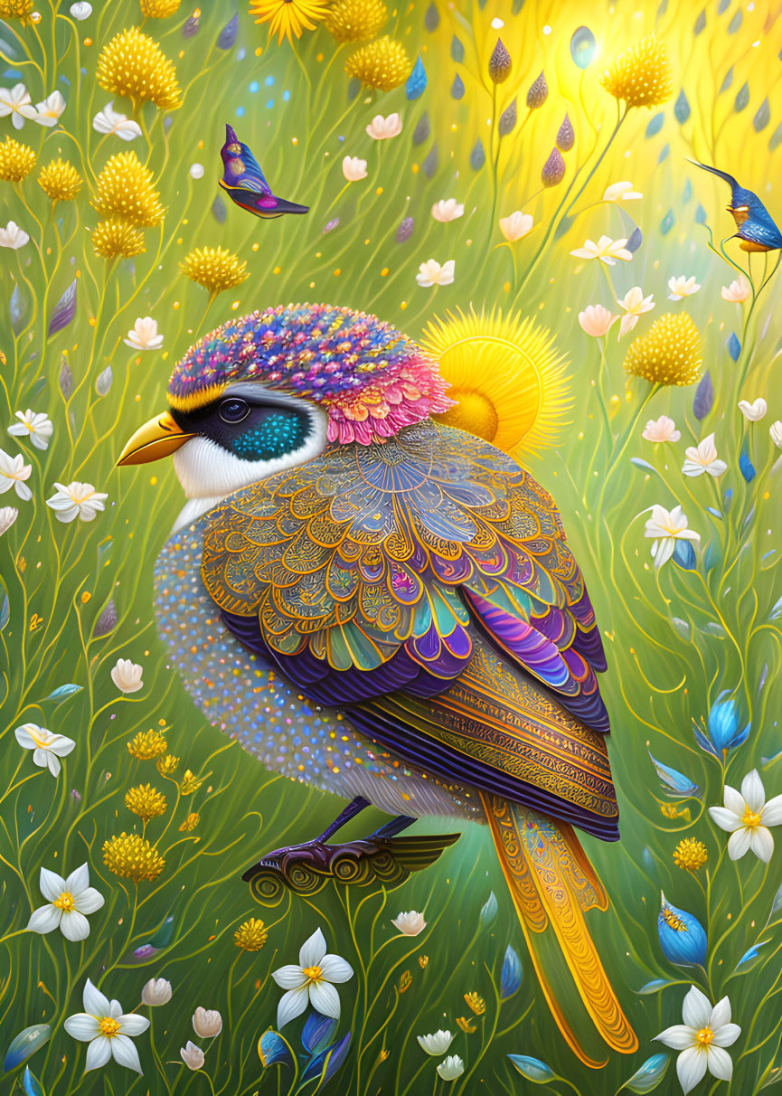 Colorful Bird Illustration in Floral Field with Butterflies