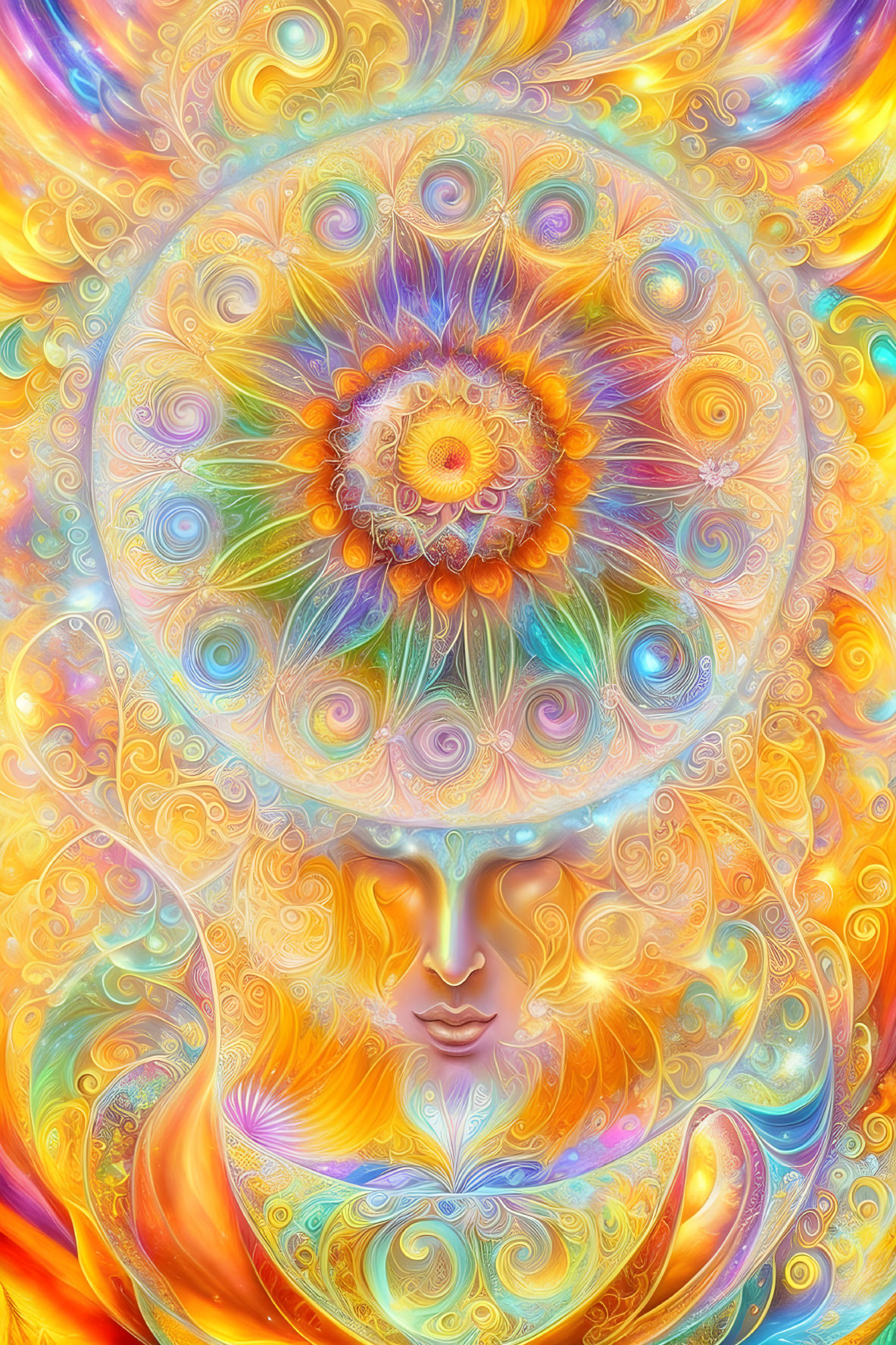 Colorful psychedelic portrait with serene face and third eye.