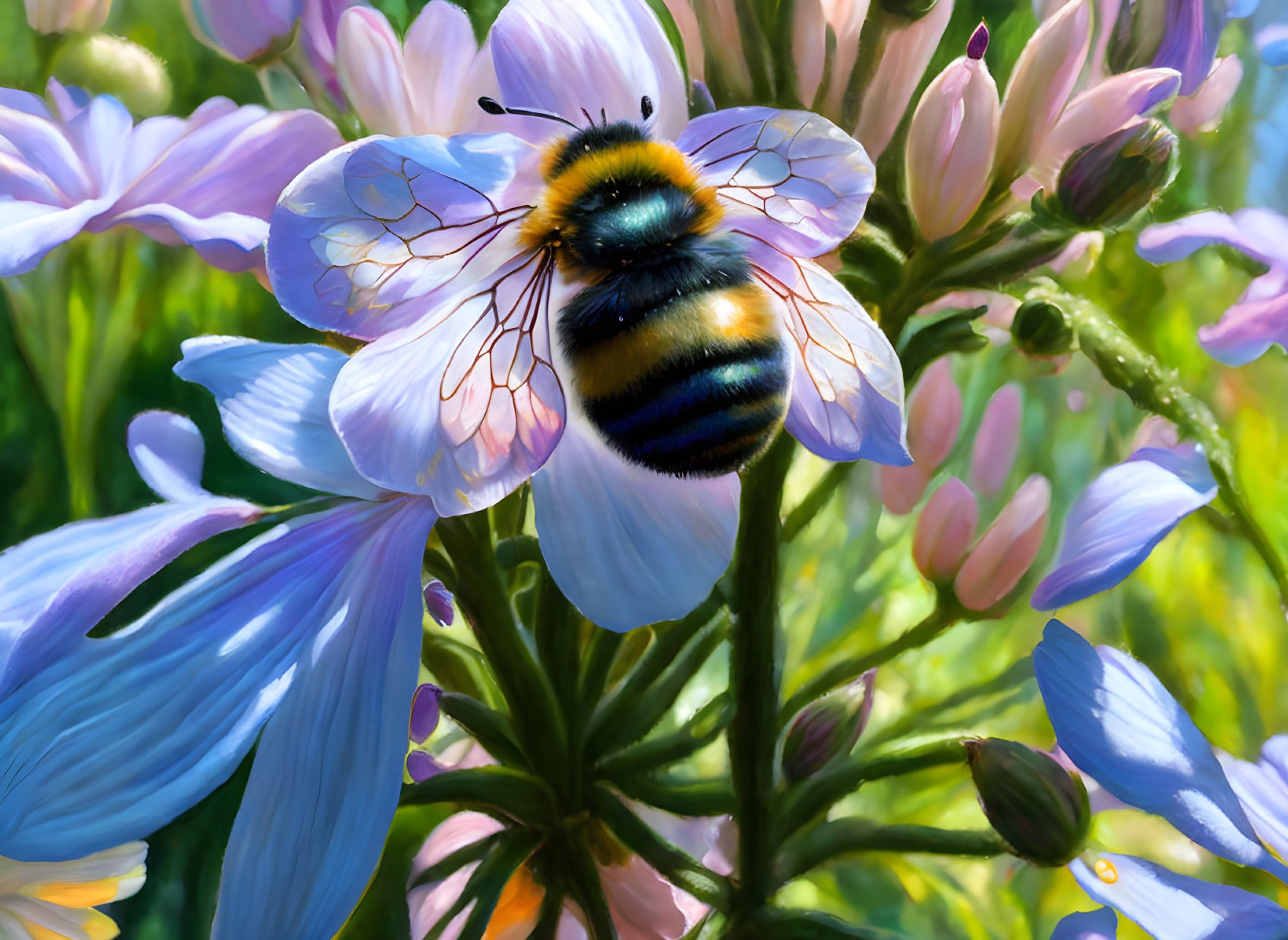 Transparent-winged bumblebee on blue flower petals in sunlight