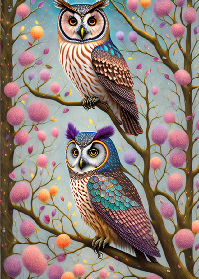 Colorful Stylized Owls on Branches with Whimsical Fairy-Tale Backdrop