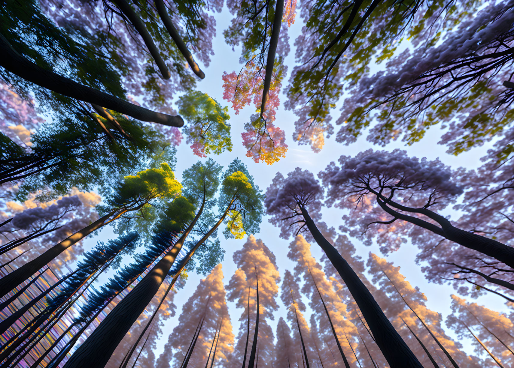 Forest canopy view: tall trees, colorful leaves, clear sky - nature's beauty and height.