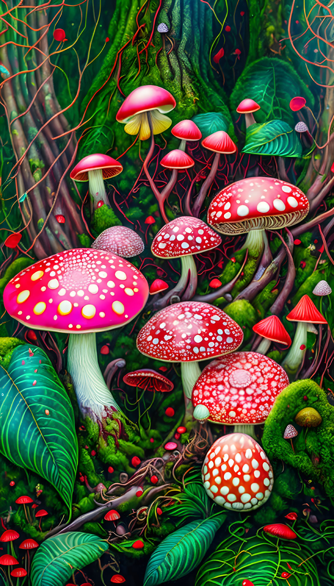 Colorful forest illustration with red and white mushrooms and lush greenery