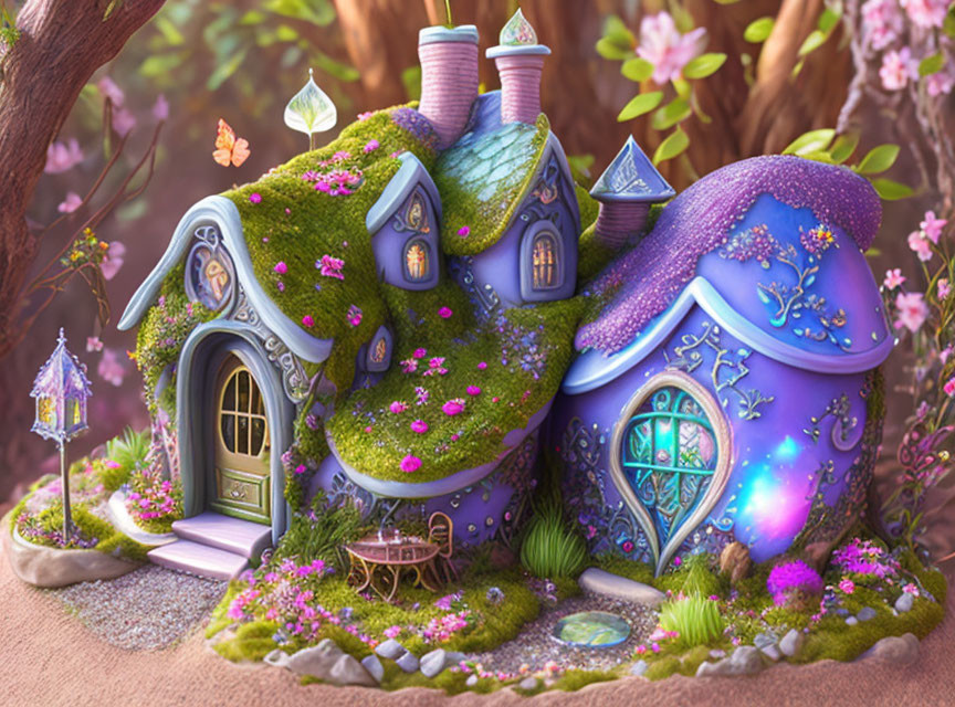Whimsical fairytale cottage with purple and green hues in enchanted forest