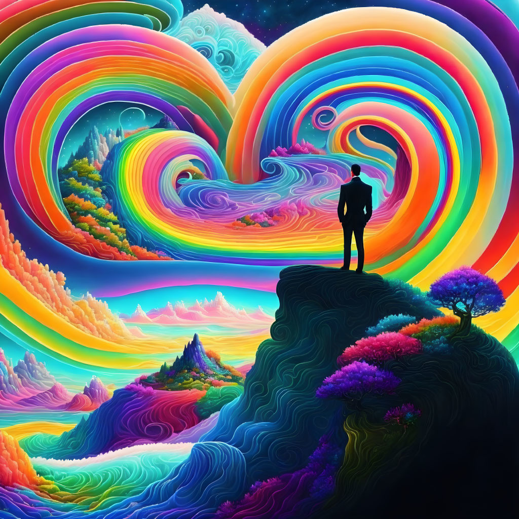 Person on Cliff Overlooking Psychedelic Landscape with Rainbow Sky