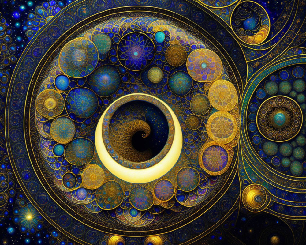 Intricate Circular Fractal Art in Blues, Golds, and Blacks