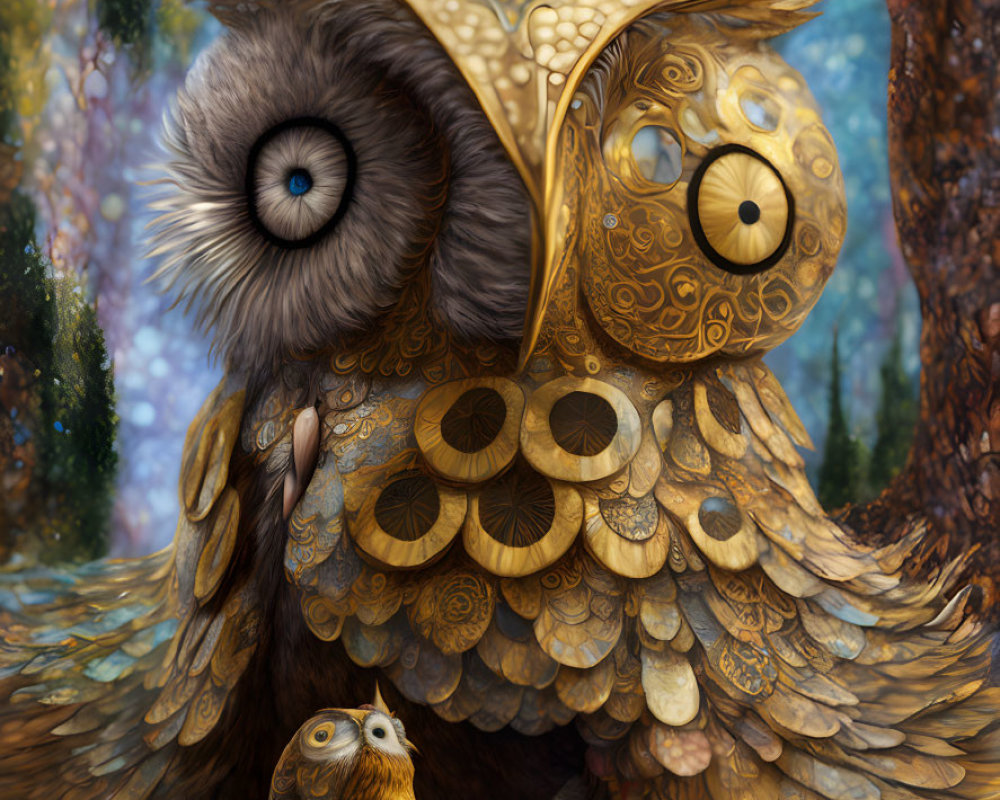 Illustration of stylized owl with golden patterns sheltering smaller owl in enchanted forest