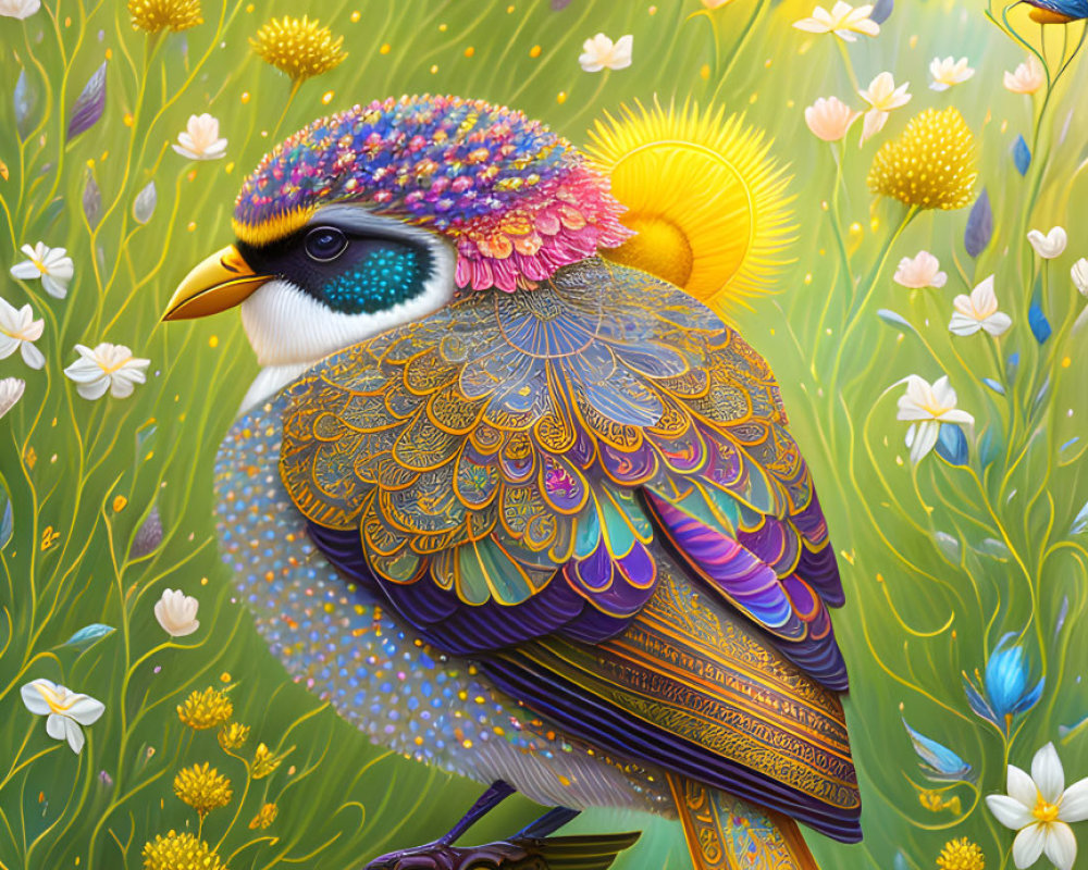 Colorful Bird Illustration in Floral Field with Butterflies