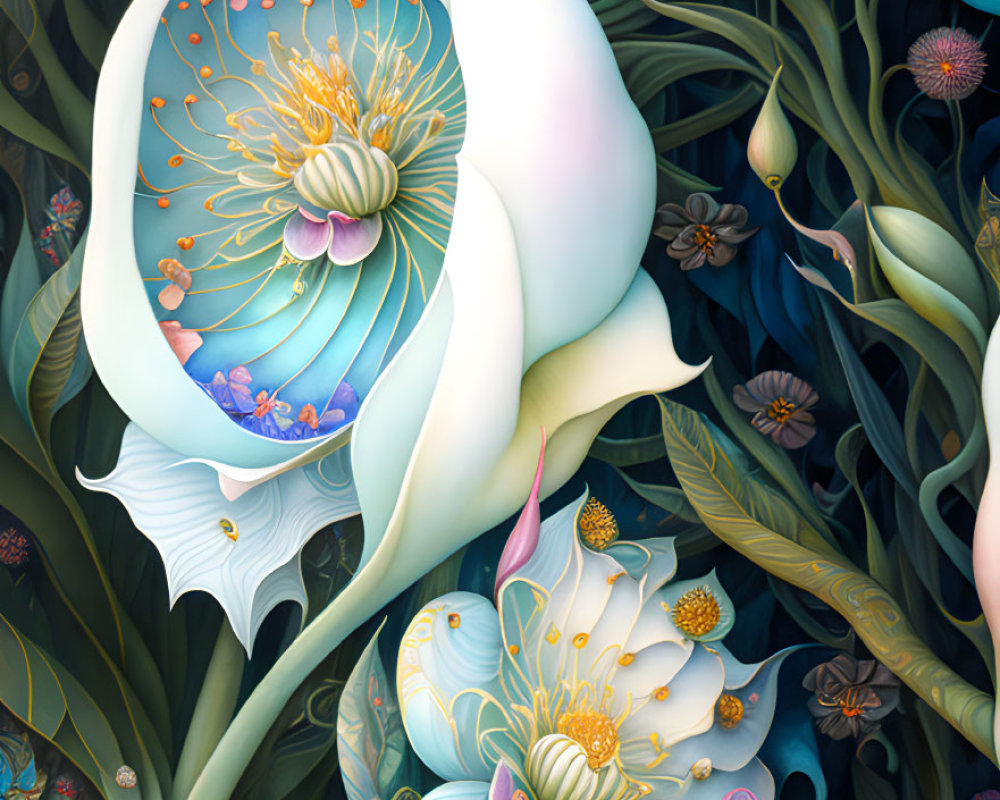 Detailed surreal blue and white flower illustration on dark leafy background