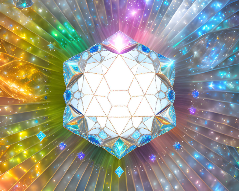 Colorful Cosmic Crystal Orb with Geometric Design and Smaller Crystals