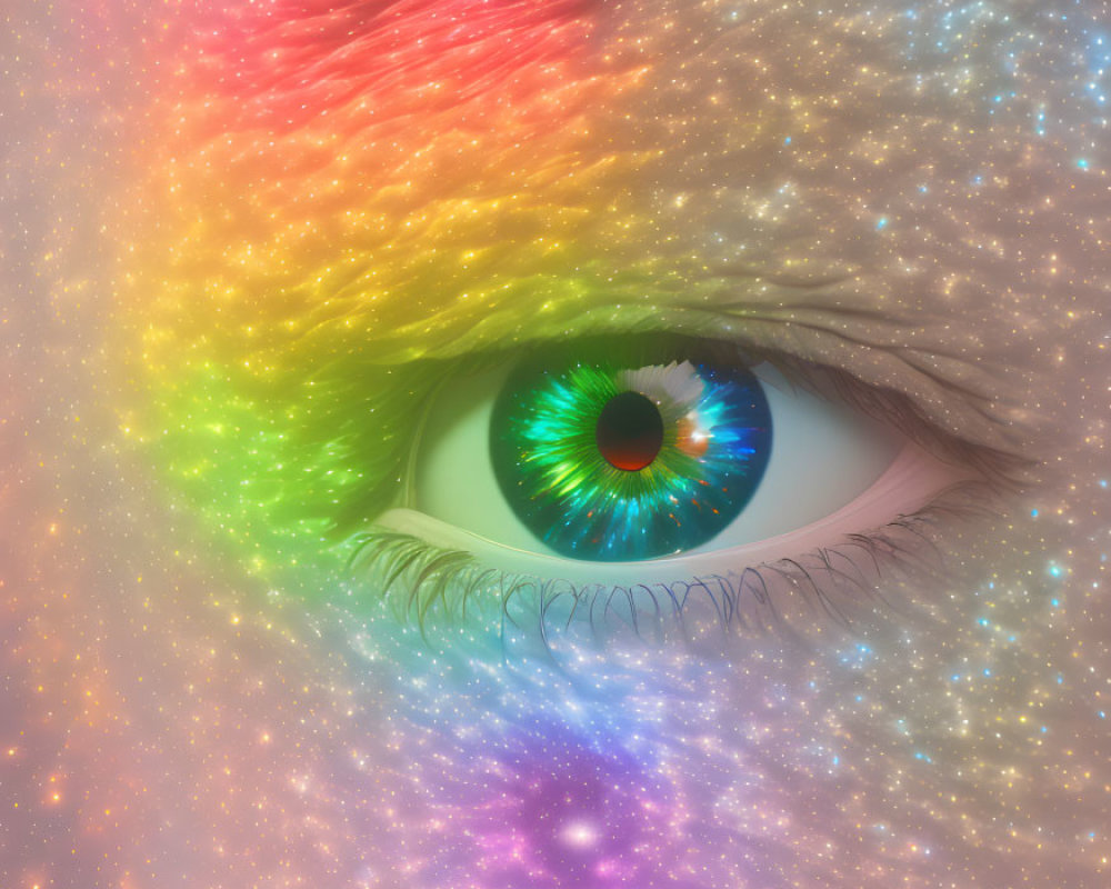Close-up of human eye with rainbow nebula effect