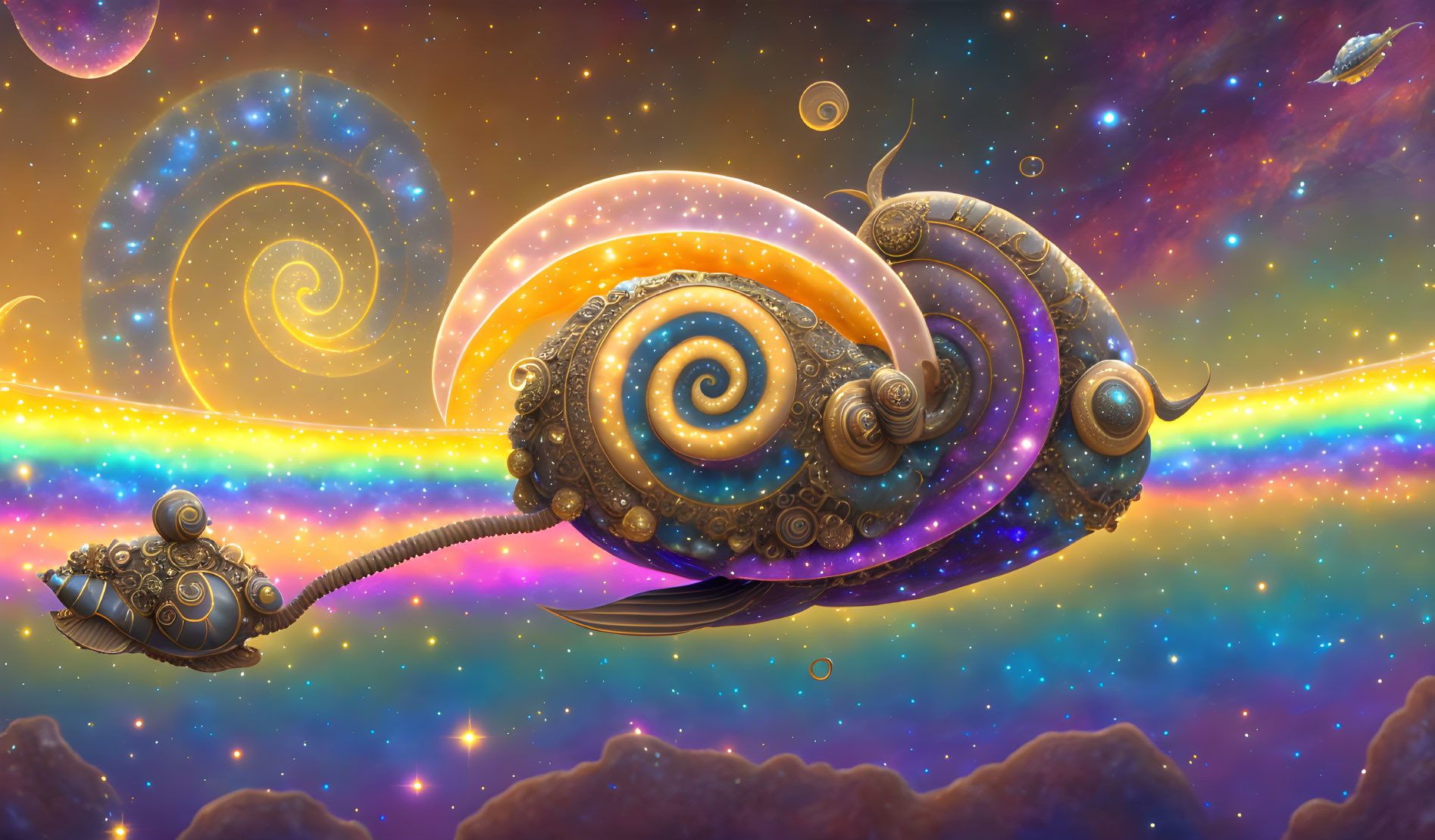 Mechanical snail with galaxy shell in cosmic scene