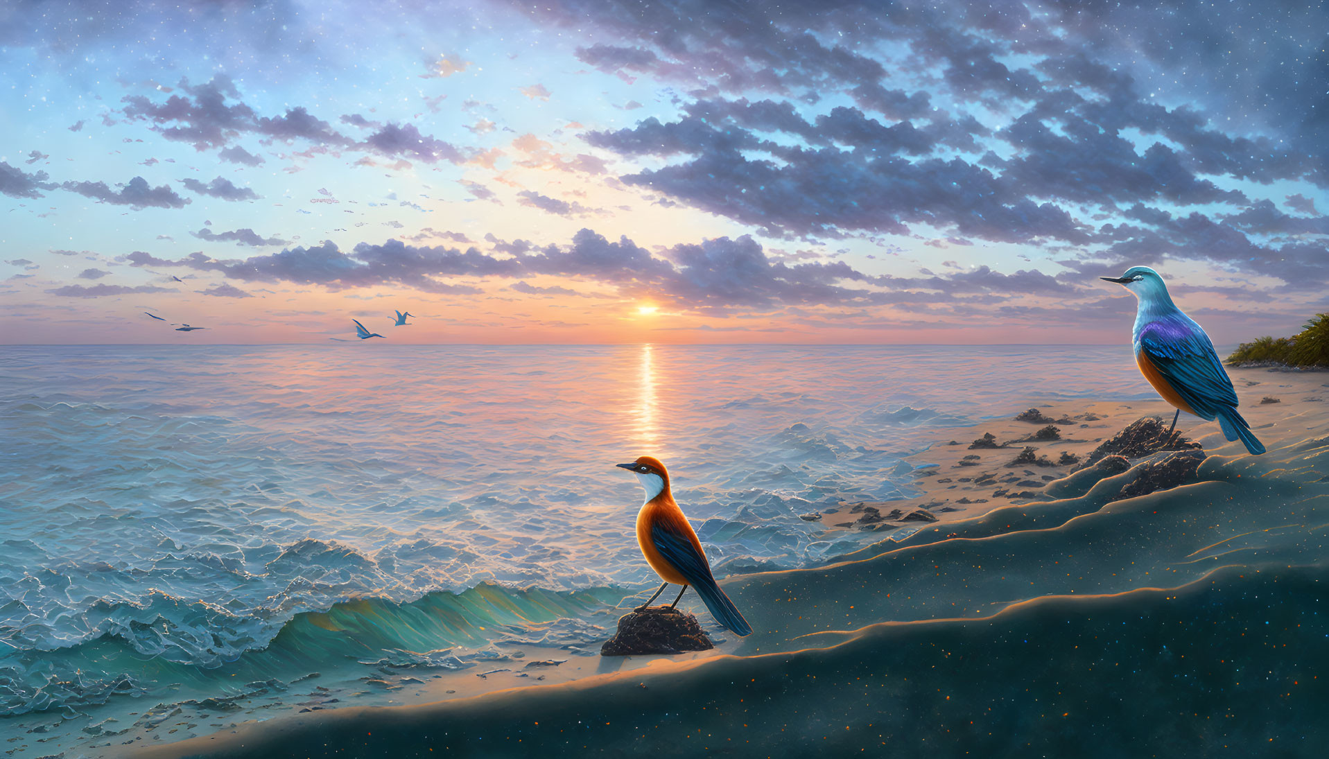 Vibrant sunset beach scene with stars, flying birds, and colorful stylized birds