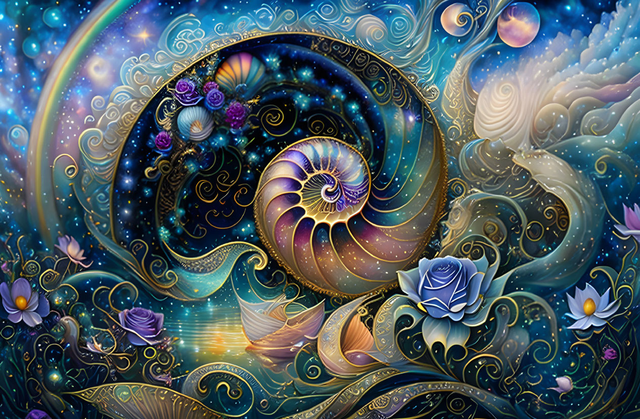 Colorful Spiral Artwork Featuring Nature and Cosmos Elements