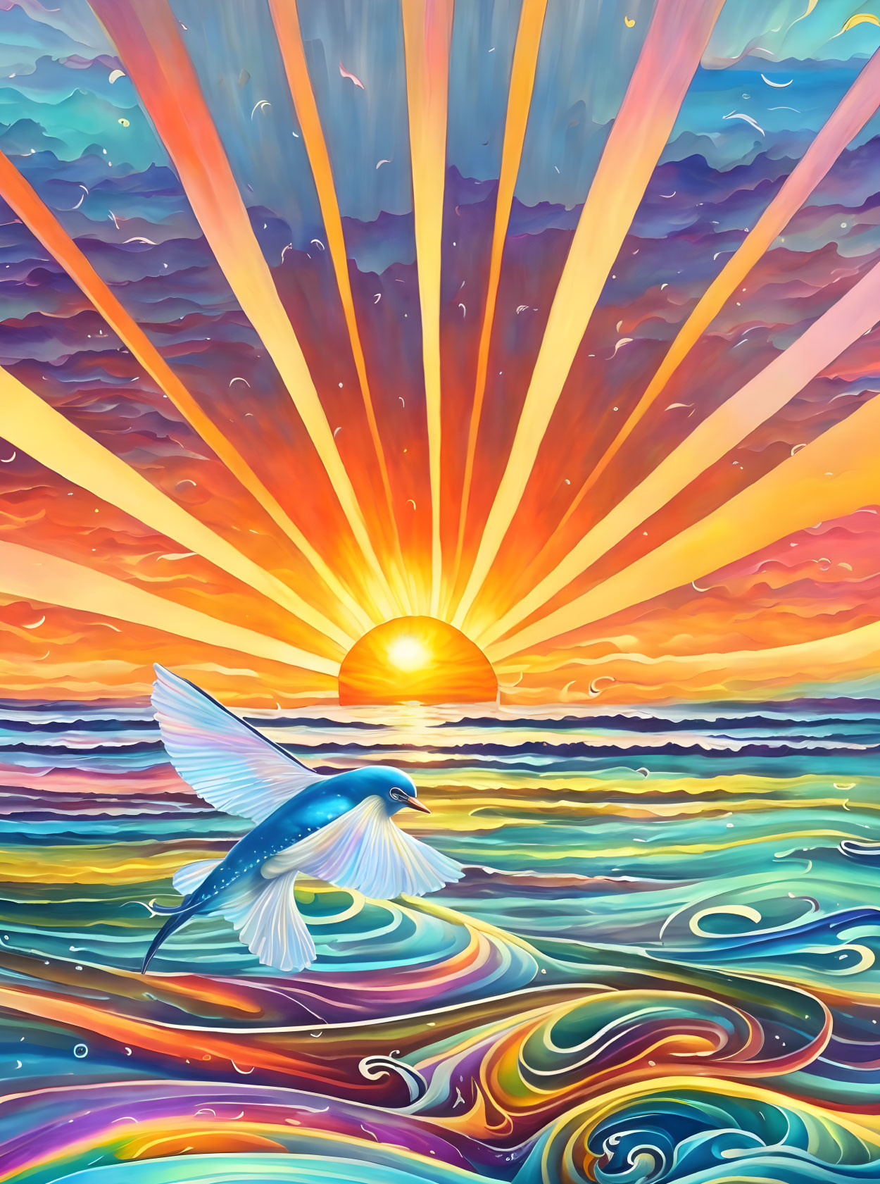 Colorful bird flying over vibrant sunset sea with swirling waves and rays.