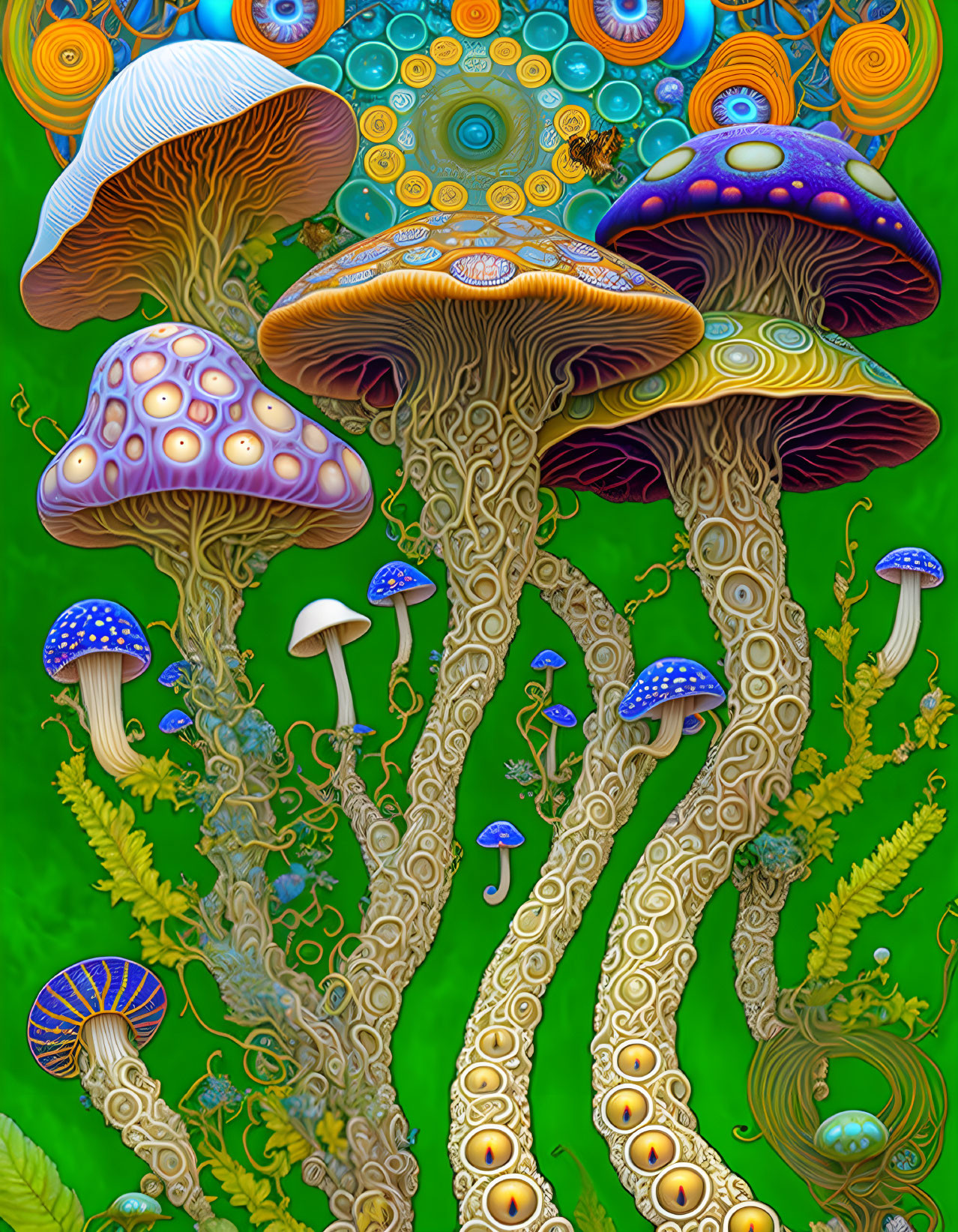 Colorful Illustration of Whimsical Mushrooms in Nature