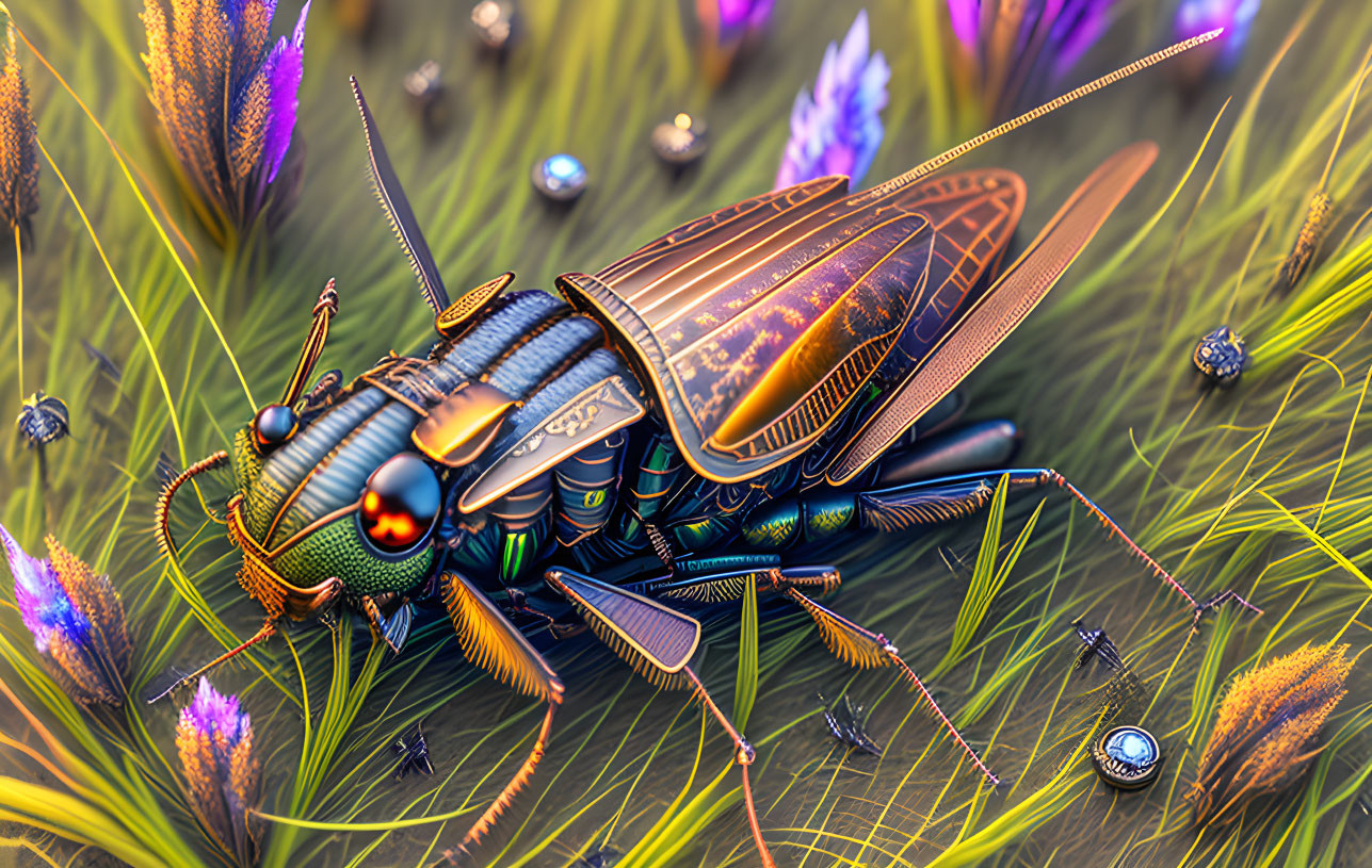 Detailed Illustration: Mechanical Grasshopper Among Grass Blades