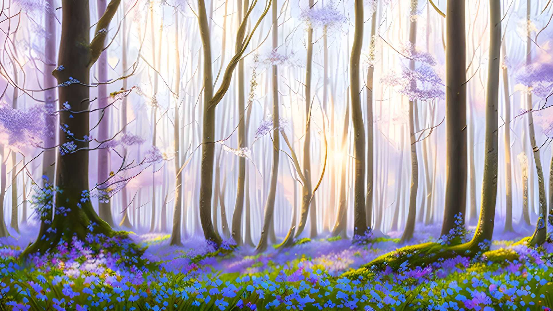 Enchanting forest scene with purple and blue flowers under sunlight