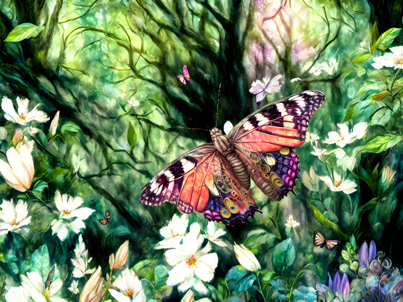 Colorful Butterfly Illustration Among White Flowers and Greenery