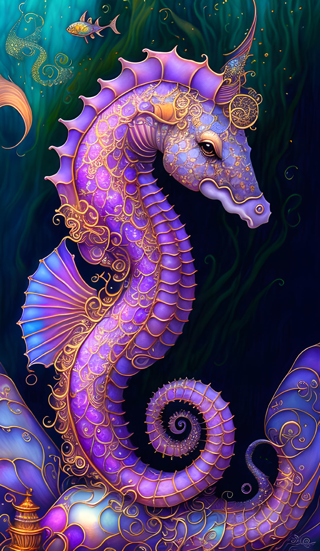 Colorful Mythical Seahorse Digital Illustration on Dark Marine Background
