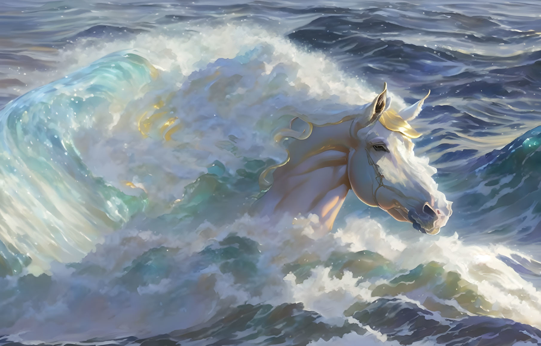 White Unicorn with Golden Mane Emerging from Ocean Waves