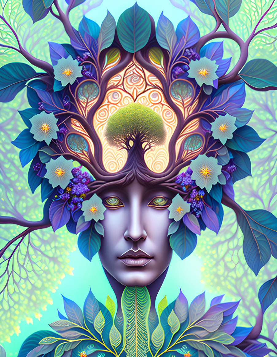 Vibrant illustration of serene face surrounded by tree and flowers