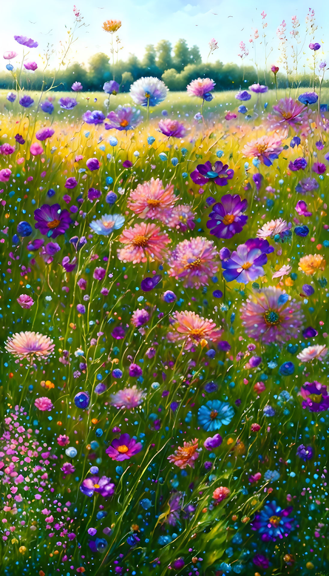 Colorful Meadow Painting with Pink, Purple, and Blue Flowers