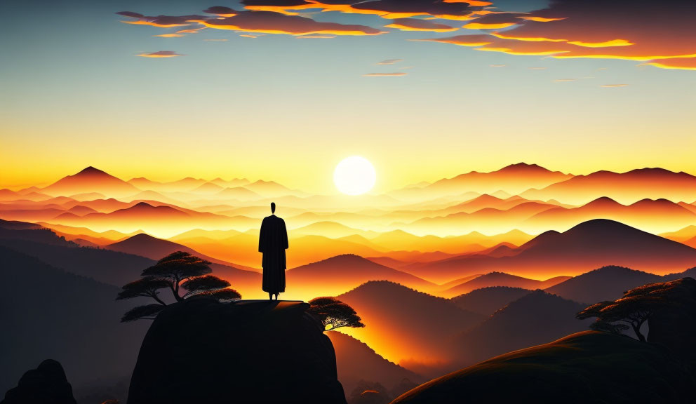 Solitary figure on cliff gazes at vibrant sunrise over layered mountains