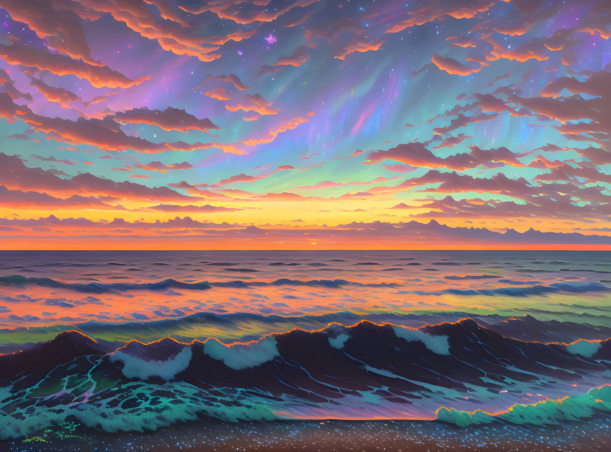 Colorful surreal seascape with glowing waves and vibrant sky at sunset