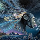 Colorful Chimpanzee Painting with Psychedelic Mushroom and Mystical Landscape