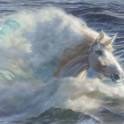 White Unicorn with Golden Mane Emerging from Ocean Waves