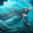 Mermaid with Long Flowing Hair in Swirling Ocean Currents