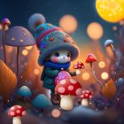 Illustration of mouse in coat with glowing mushroom in colorful forest