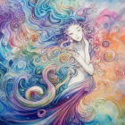 Ethereal painting of woman in vibrant blue and purple swirls