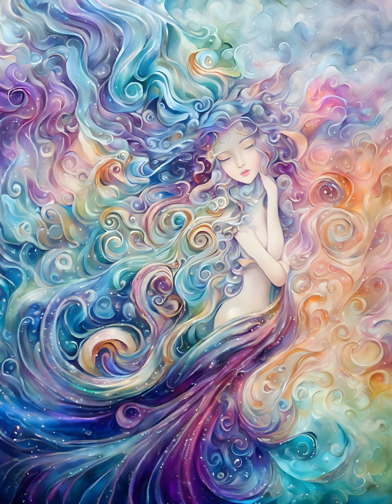 Ethereal painting of woman in vibrant blue and purple swirls