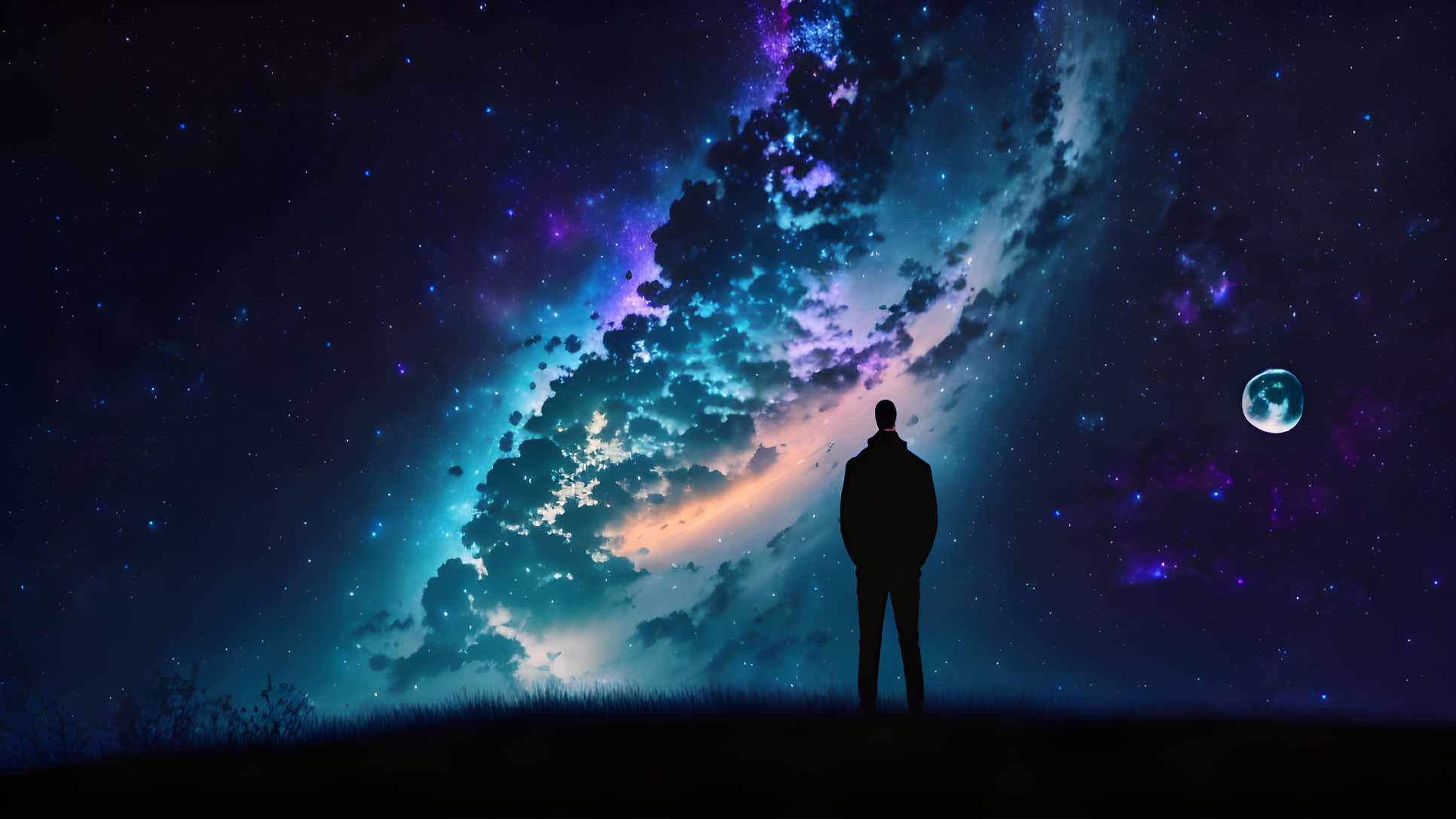 Silhouette of person on hill under starry sky with galaxy and moon