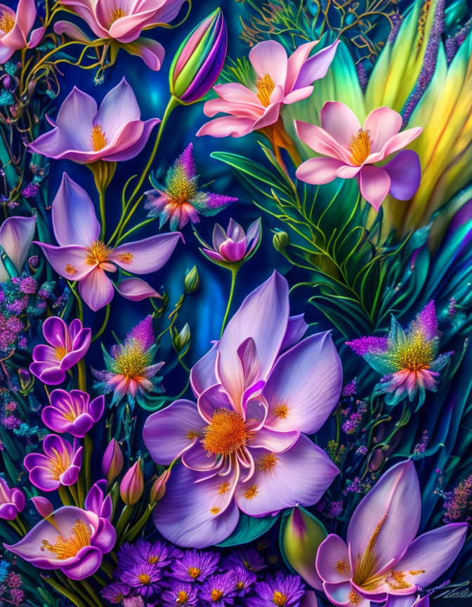 Colorful Digital Artwork: Luminescent Fantasy Flowers in Purple, Pink, and Blue