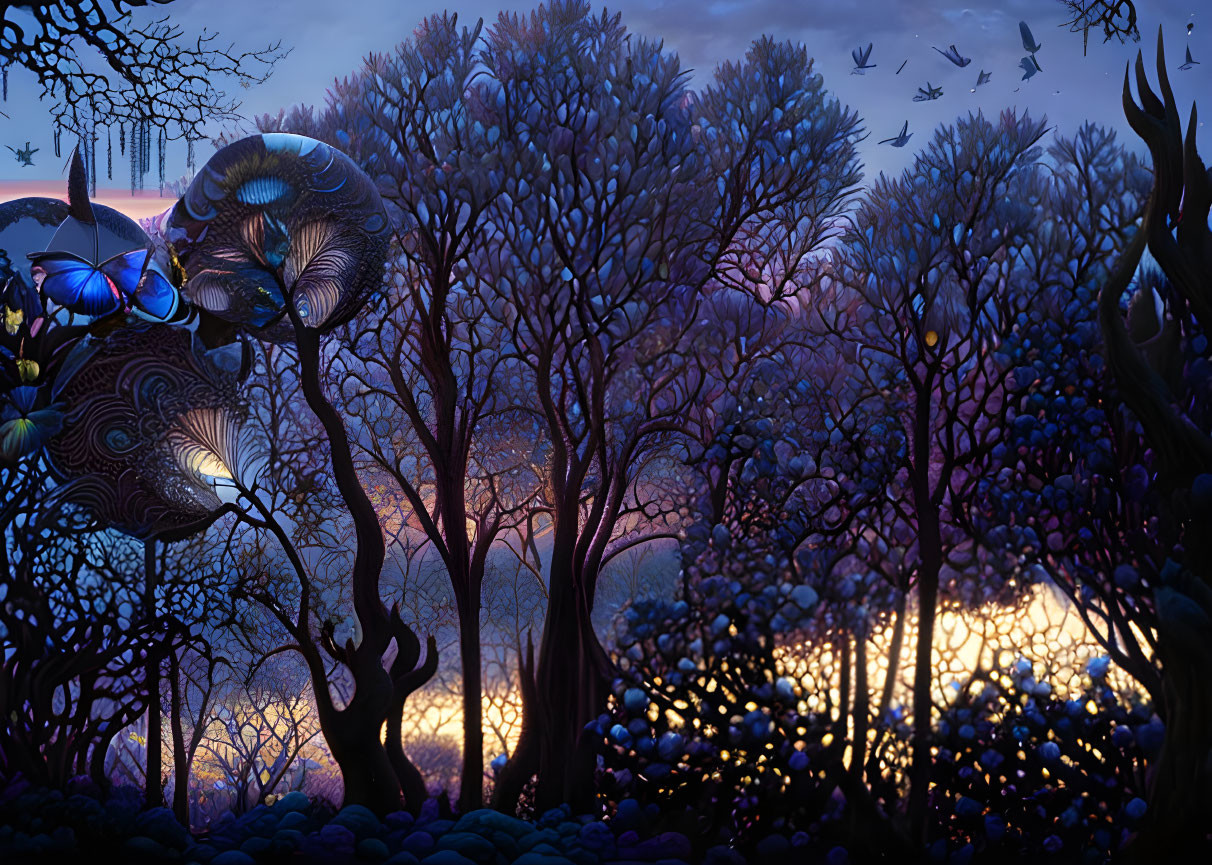 Enchanting Dusk Forest with Luminescent Flora and Starlit Sky