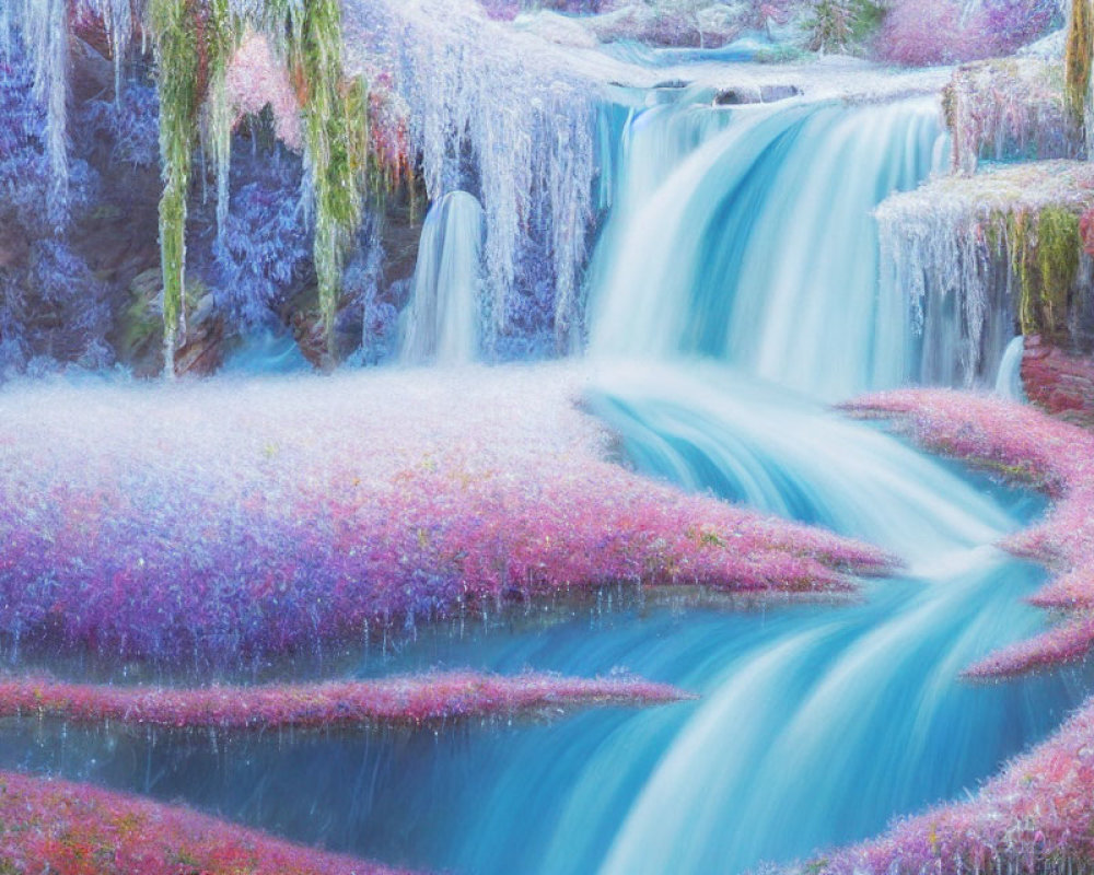 Vibrant surreal landscape with cascading waterfall and colorful flora