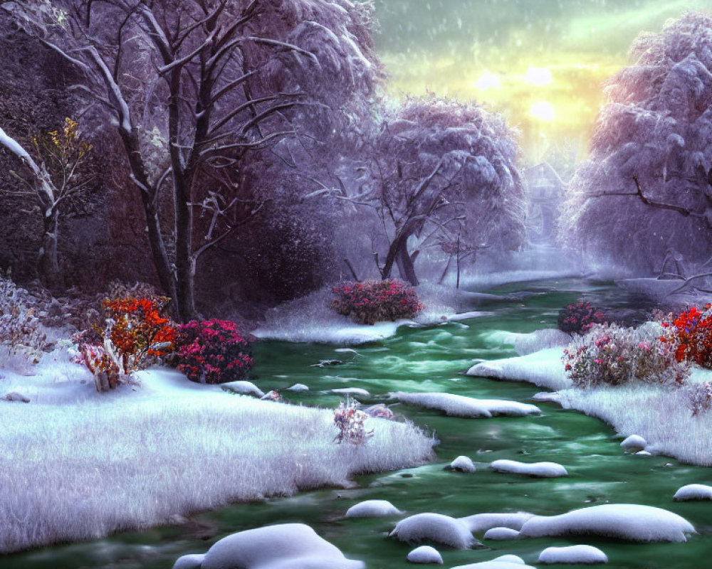 Winter sunrise scene: stream flowing through snowy landscape with trees and colorful shrubs under serene snowfall