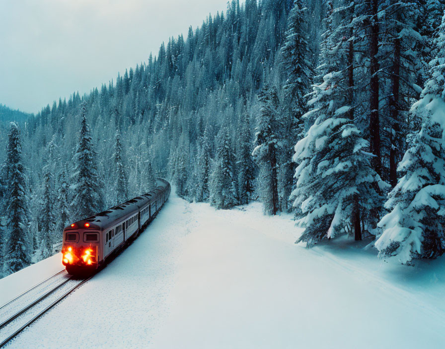 Snowy forest landscape with train and snow-covered trees at night